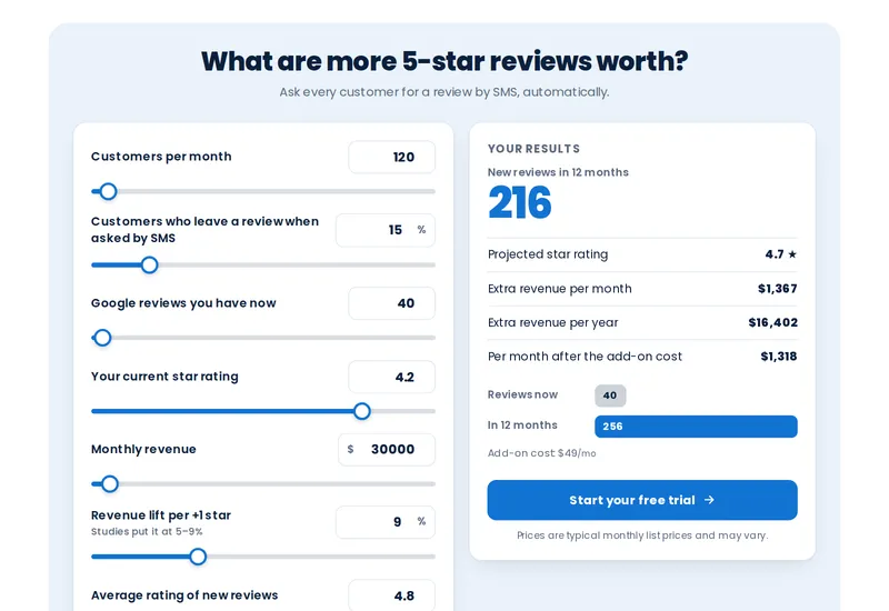 Reviews and reputation calculator template with sliders and a live total