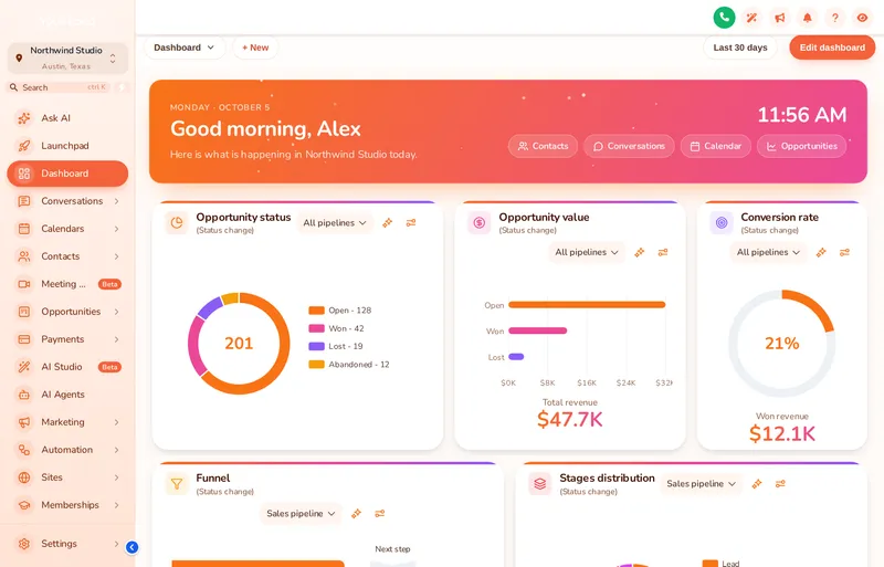 GoHighLevel dashboard with the Sunset Warm design: cream canvas, warm gradient greeting hero and quick links