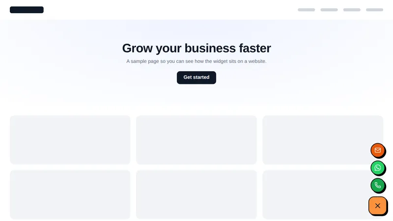 Bold contact stack floating widget open on a sample website, showing call, WhatsApp, email and booking buttons