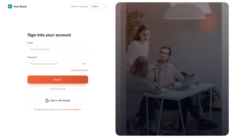 Editorial login page design for GoHighLevel: sign-in form on the left, large photo and quote on the right