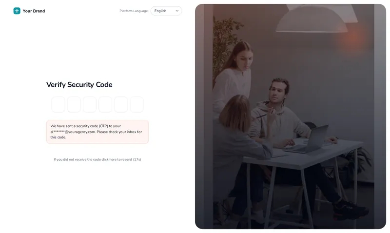 Editorial login design applied to the GoHighLevel two-factor security code screen