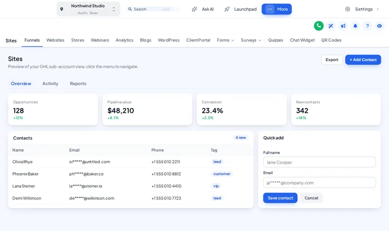 GoHighLevel with a top-bar layout: navigation across the top and the Sites section sub-pages as tabs below it