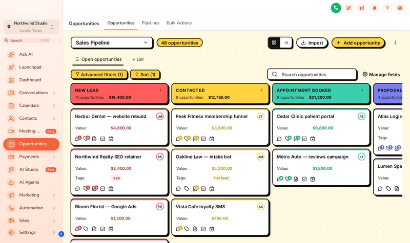 GoHighLevel opportunities board in the Neo Brutal design: thick outlines, hard shadows and loud stage colours