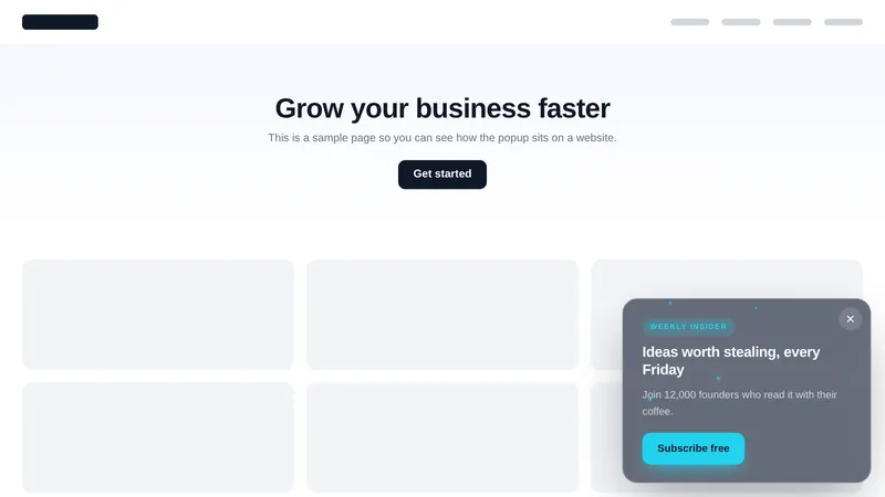 Dark glass newsletter slide-in popup on a sample business website