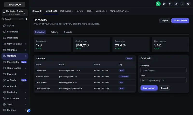 GoHighLevel contacts page in dark mode: Graphite Pro theme with the Soft Shadow UI kit on dark surfaces